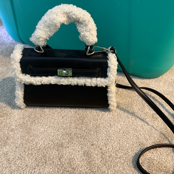 Black and White Faux Fur Trimmed Handbag - Picture 1 of 5